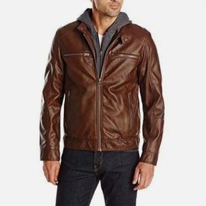 Guess Men's Brown Faux Leather Jacket with sweatshirt Hood